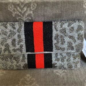 Beaded Silver Leopard Purse / Clutch with snap closure